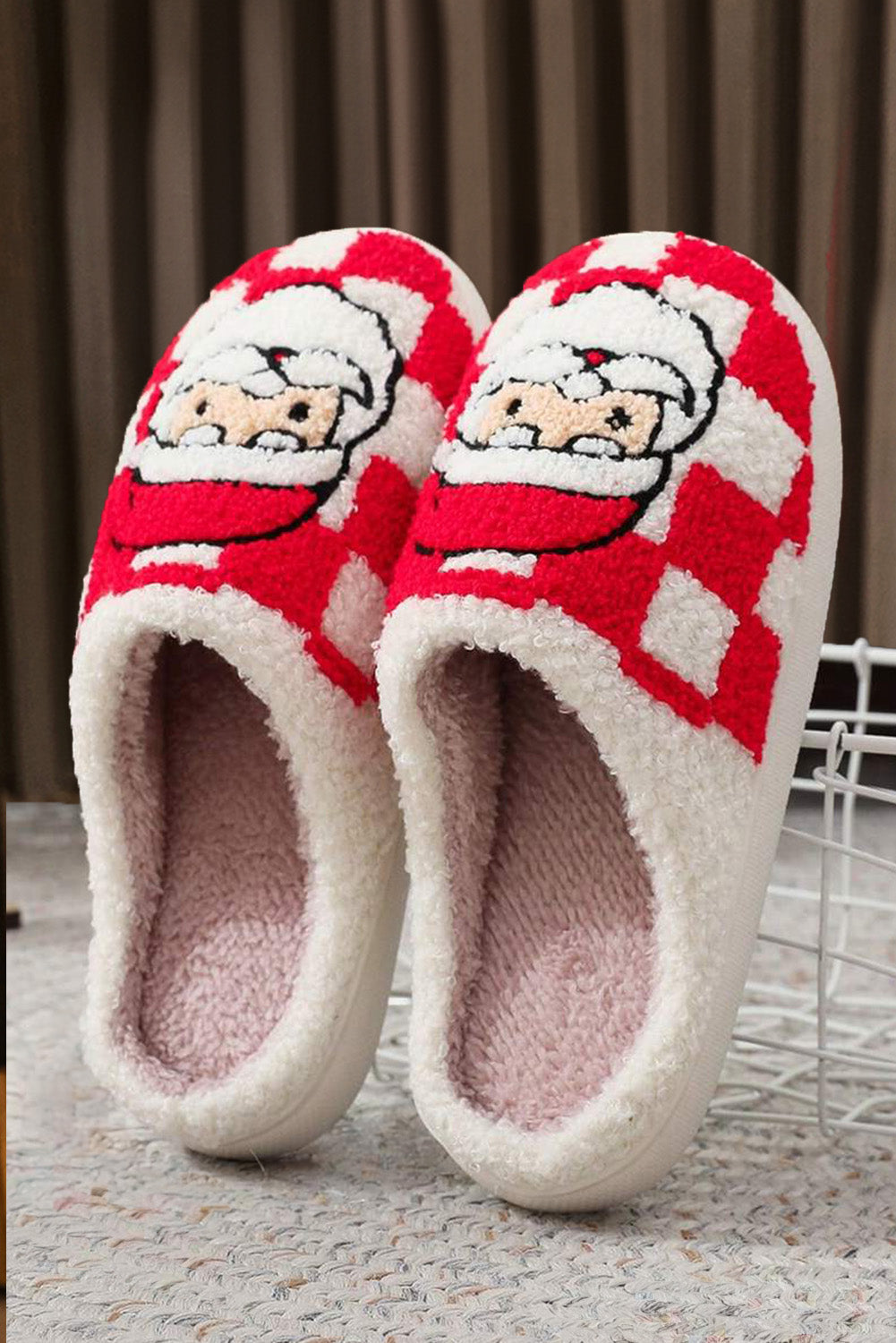 Fiery Red Checkered Santa Claus Graphic Plush Home Slippers Slippers JT's Designer Fashion