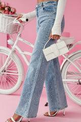 Beau Blue Splash Ink Printed High Waist Wide Leg Jeans Bottoms JT's Designer Fashion