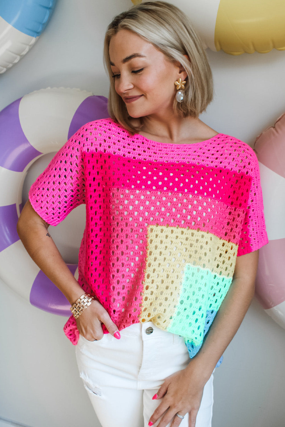 Pink Geometric Color Block Hollowed Crochet Sweater T Shirt Pre Order Sweaters & Cardigans JT's Designer Fashion