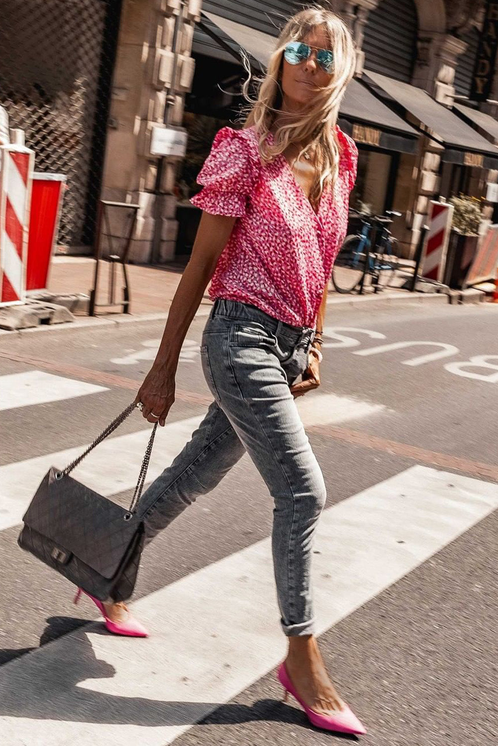 Pink Abstract Print Buttoned Ruffle Sleeve Shirt Blouses & Shirts JT's Designer Fashion