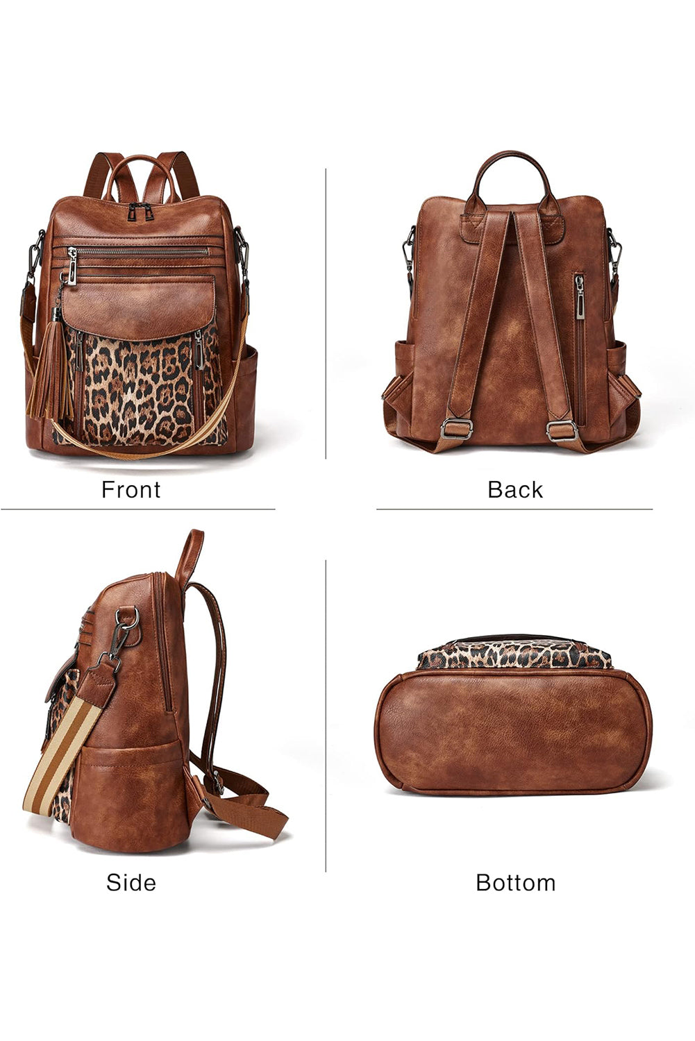 Coffee Leopard Patchwork PU Leather Functional Backpack Backpacks JT's Designer Fashion