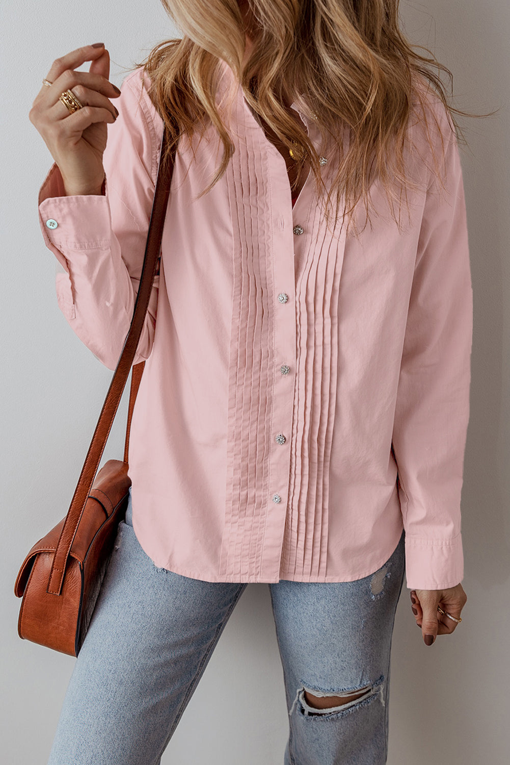 Light Pink Pleated Button-Up Loose Fit Casual Shirt Blouses & Shirts JT's Designer Fashion