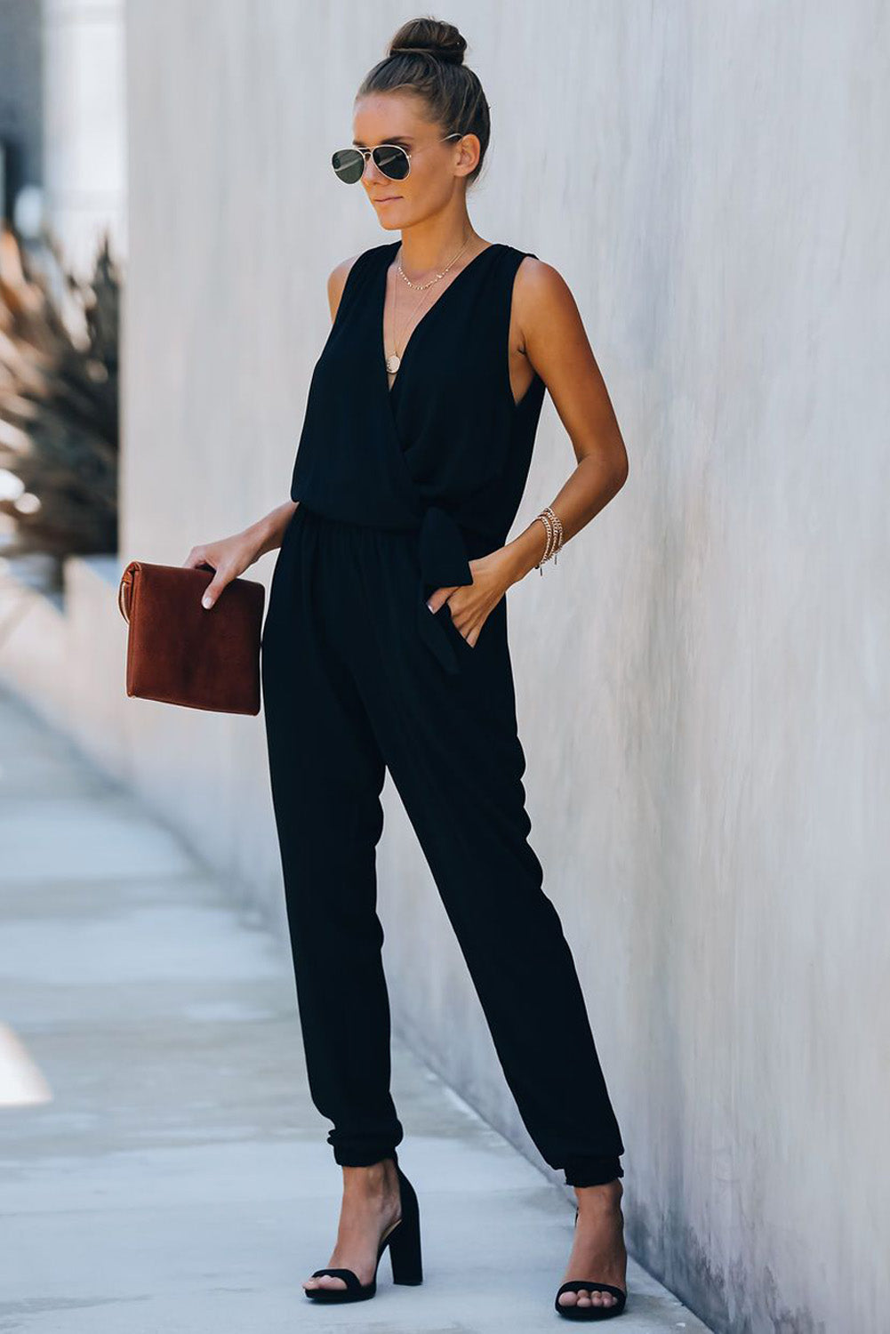 Black Deep V-neck Sleeveless Solid Jumpsuit Jumpsuits & Rompers JT's Designer Fashion