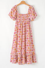 Pink Floral Square Neck Knotted Ruffle Midi Dress Floral Dresses JT's Designer Fashion