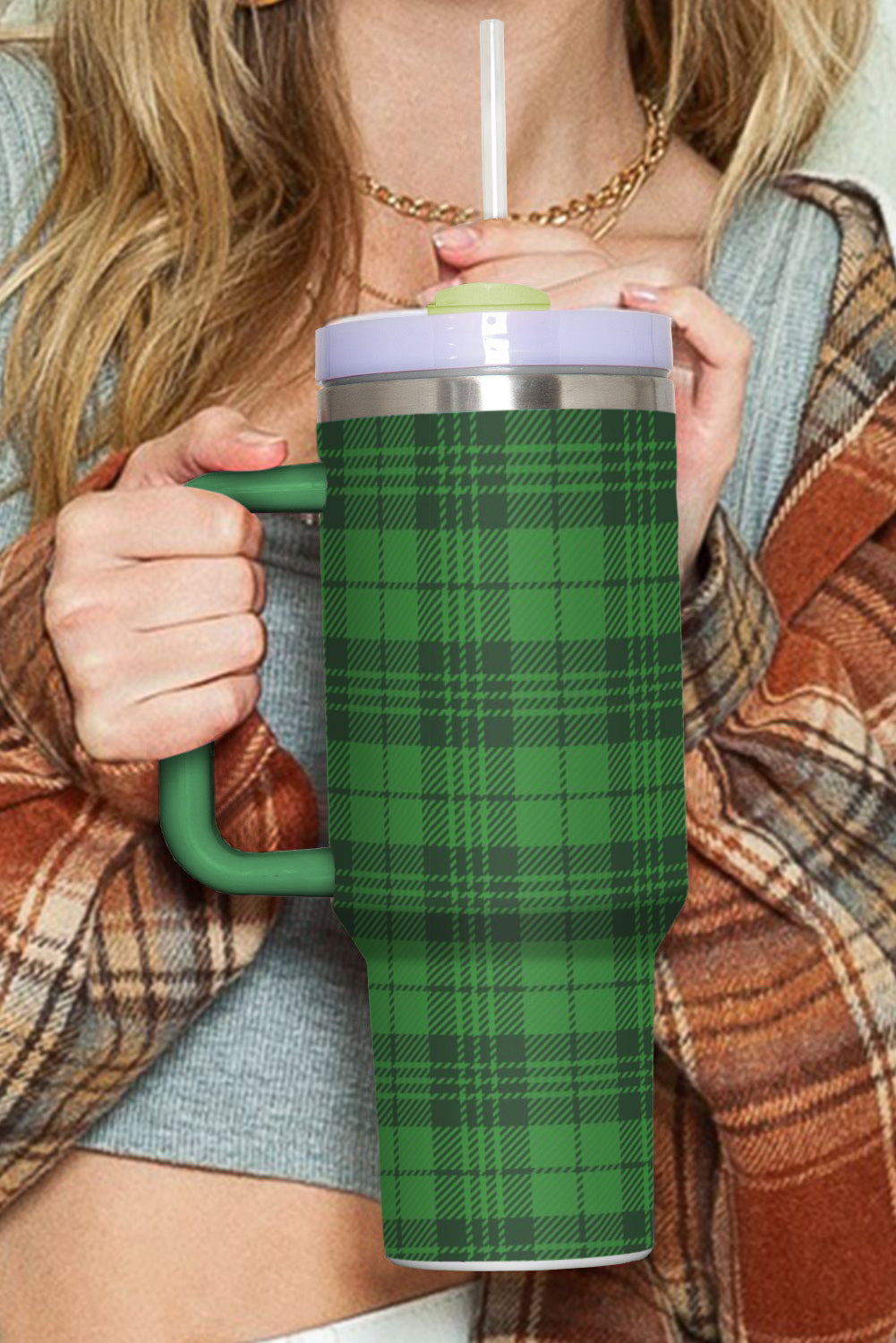 Dark Green Plaid Print Handle Stainless Vacuum Cup 1200ML Tumblers JT's Designer Fashion