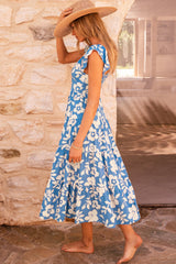 Sky Blue Floral U Neck Flutter Shoulder Tiered Flowy Midi Dress Floral Dresses JT's Designer Fashion