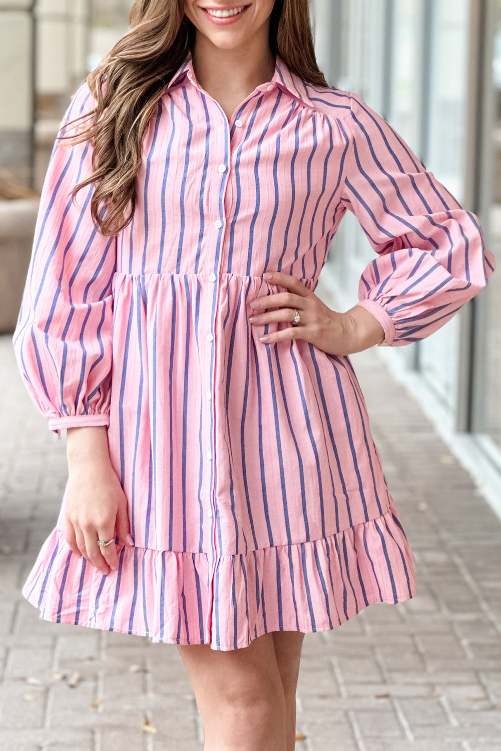 Pink Stripe Ruffled Hem Button-up Collared Shirt Mini Dress Mini Dresses JT's Designer Fashion