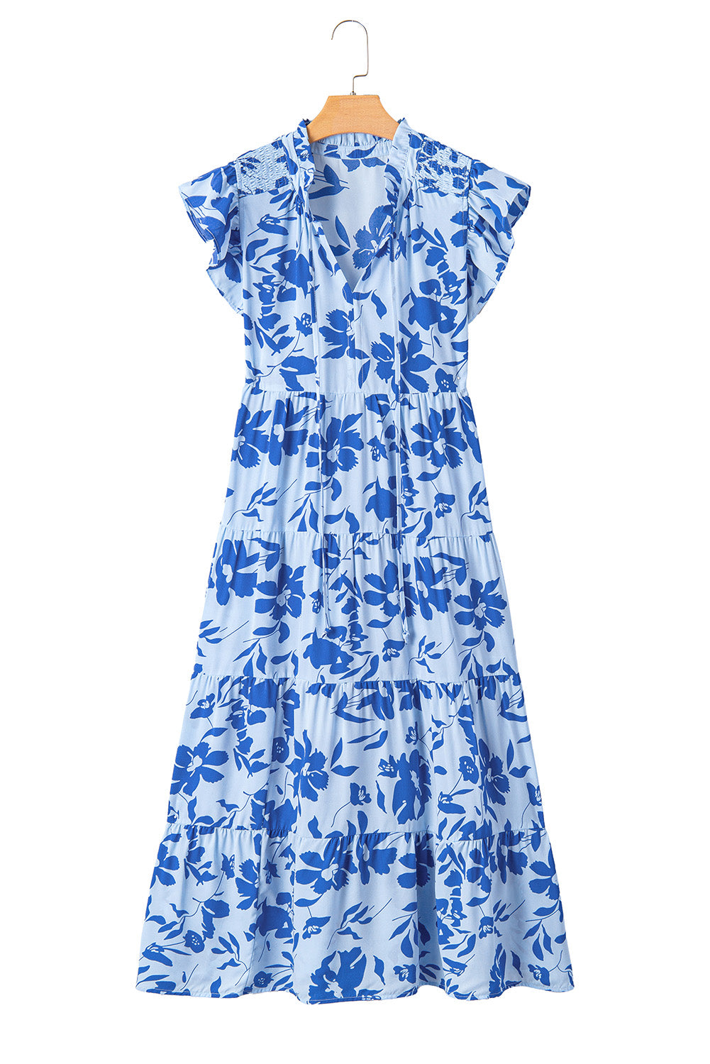 Sky Blue Floral Print Tiered Frilled Trim Flutter Sleeve Maxi Dress Floral Dresses JT's Designer Fashion