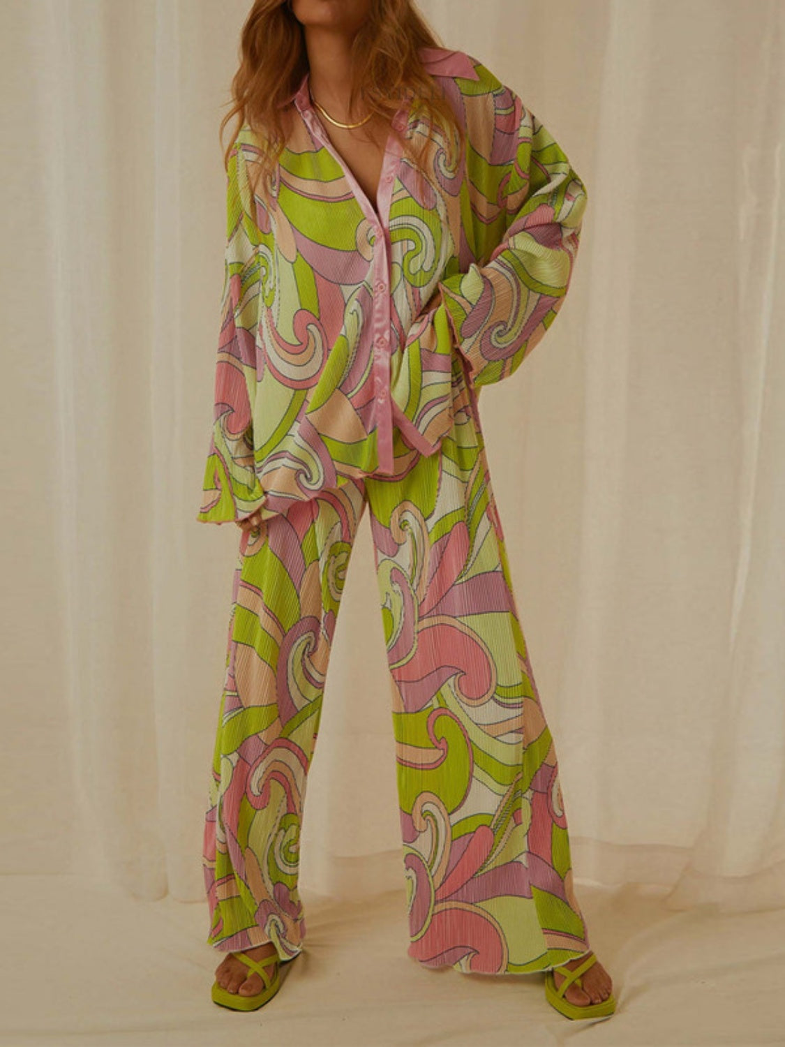 Printed Collared Neck Long Sleeve Top and Pants Lounge Set Sleepwear JT's Designer Fashion