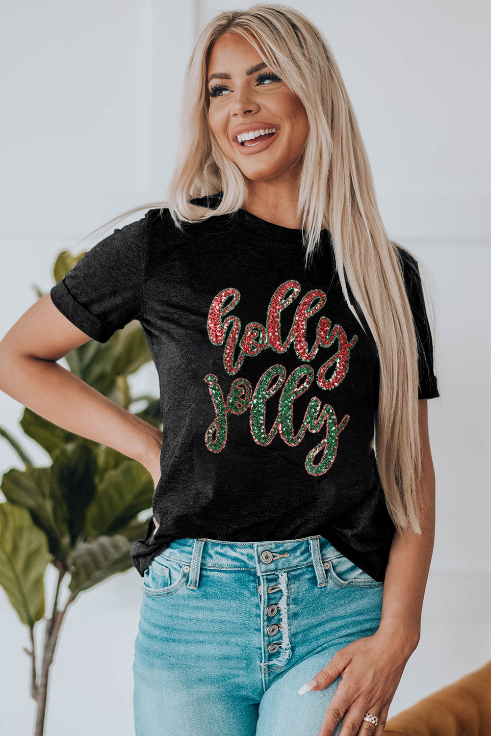 Black Christmas Sequined holly jolly Graphic Tee Graphic Tees JT's Designer Fashion