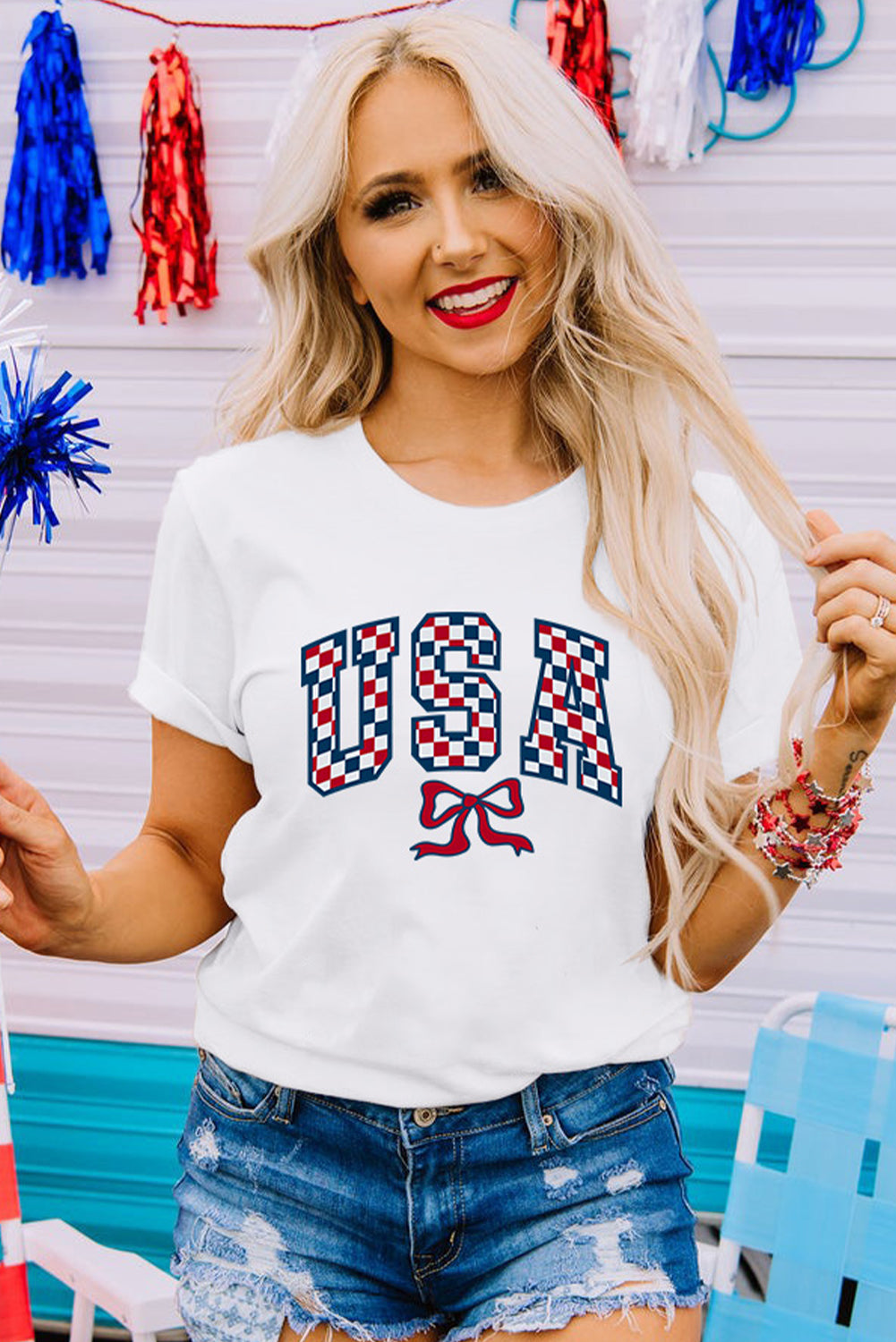 White Checkered USA Graphic Casual Tee Graphic Tees JT's Designer Fashion
