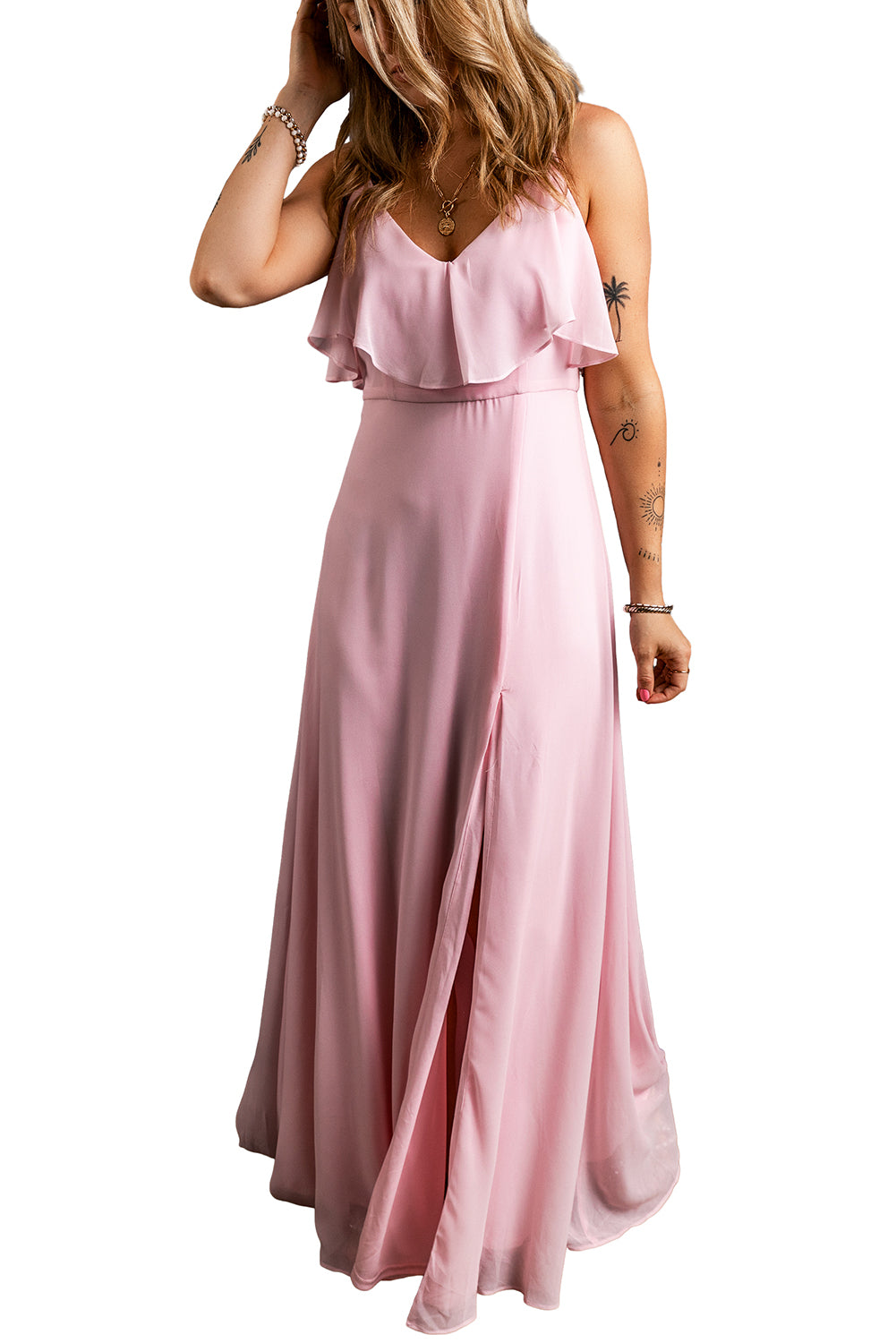 Light Pink Spaghetti Straps V Neck Ruffled Split Long Dress Dresses JT's Designer Fashion