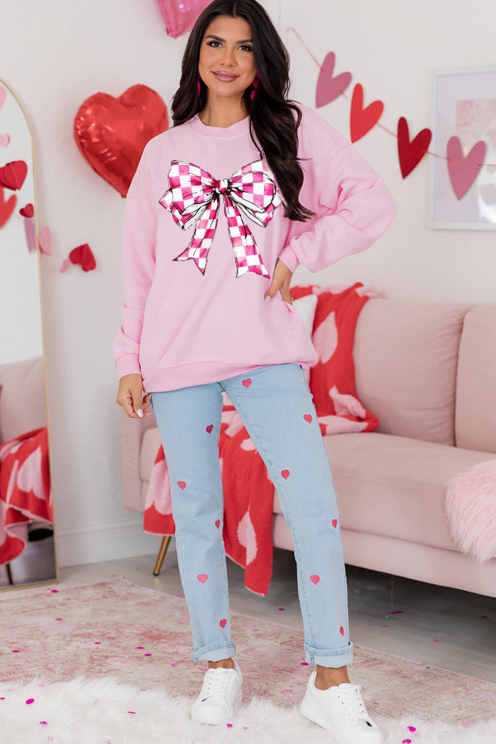 Pink Checkerboard Bow Graphic Round Neck Valentines Sweatshirt Graphic Sweatshirts JT's Designer Fashion