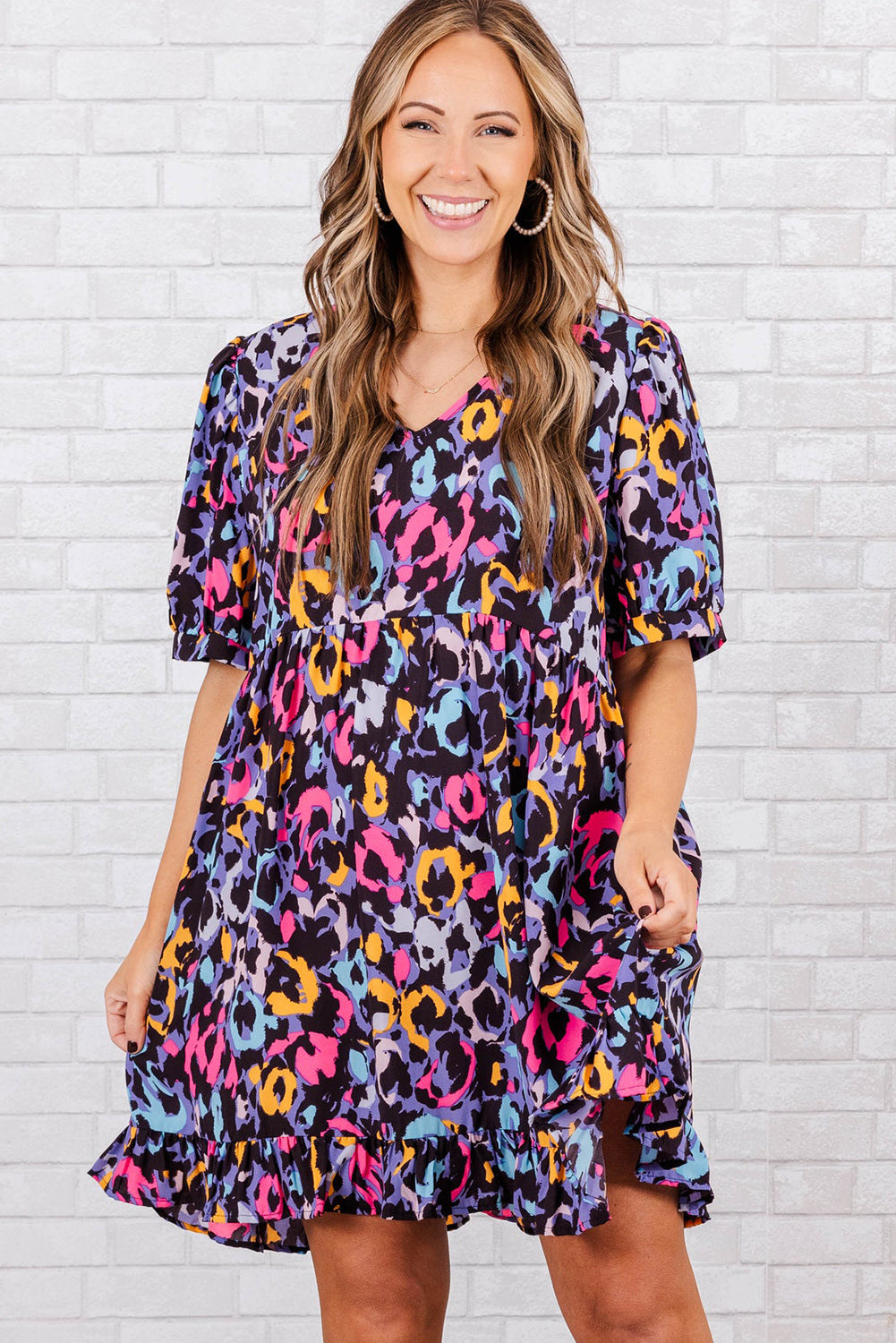 Purple Leopard Print Ruffled V Neck Plus Size Mini Dress Pre Order Plus Size JT's Designer Fashion