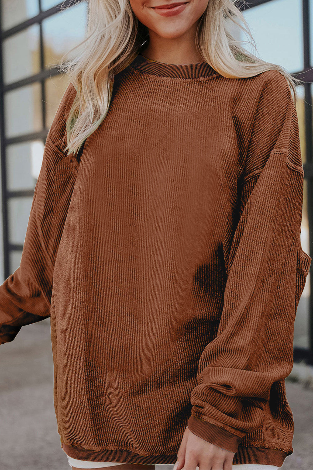 Chestnut Ribbed Corduroy Oversized Sweatshirt Sweatshirts & Hoodies JT's Designer Fashion