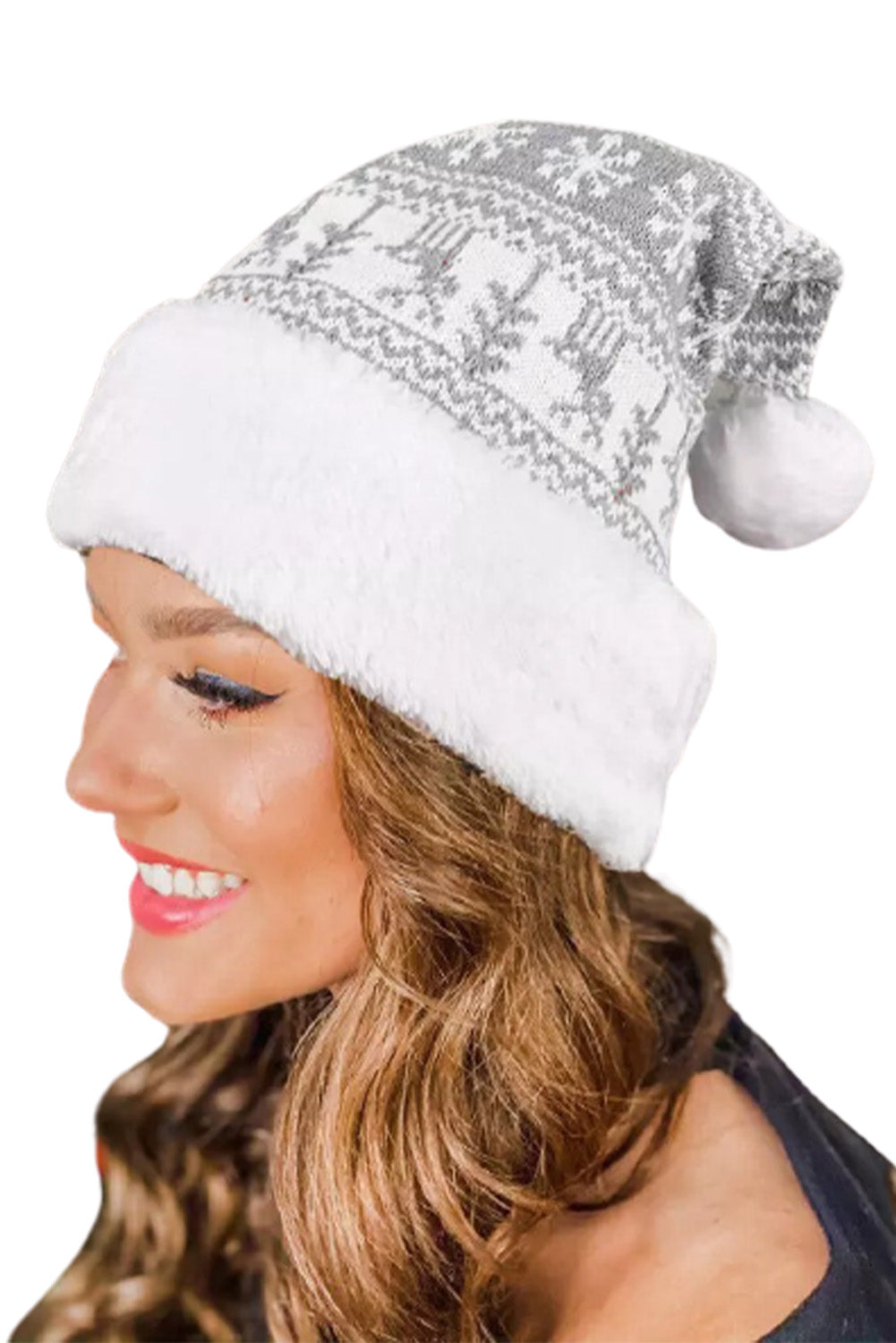 Gray Christmas Snowflake Pom Knitted Beanie Hat Hats & Caps JT's Designer Fashion