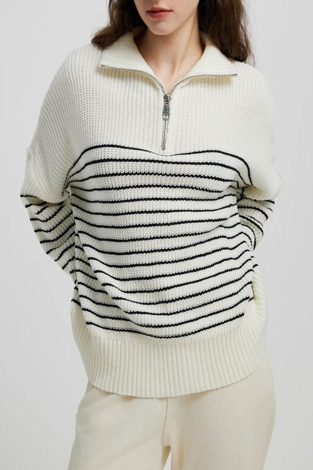 Striped Half Zip Long Sleeve Sweater Black One Size Long Sleeve Tops JT's Designer Fashion