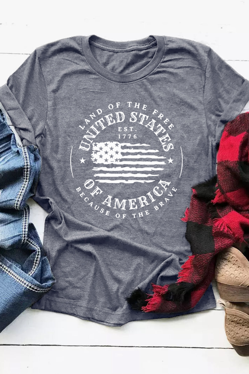 Gray United States Of America Flag Graphic Print T Shirt Graphic Tees JT's Designer Fashion