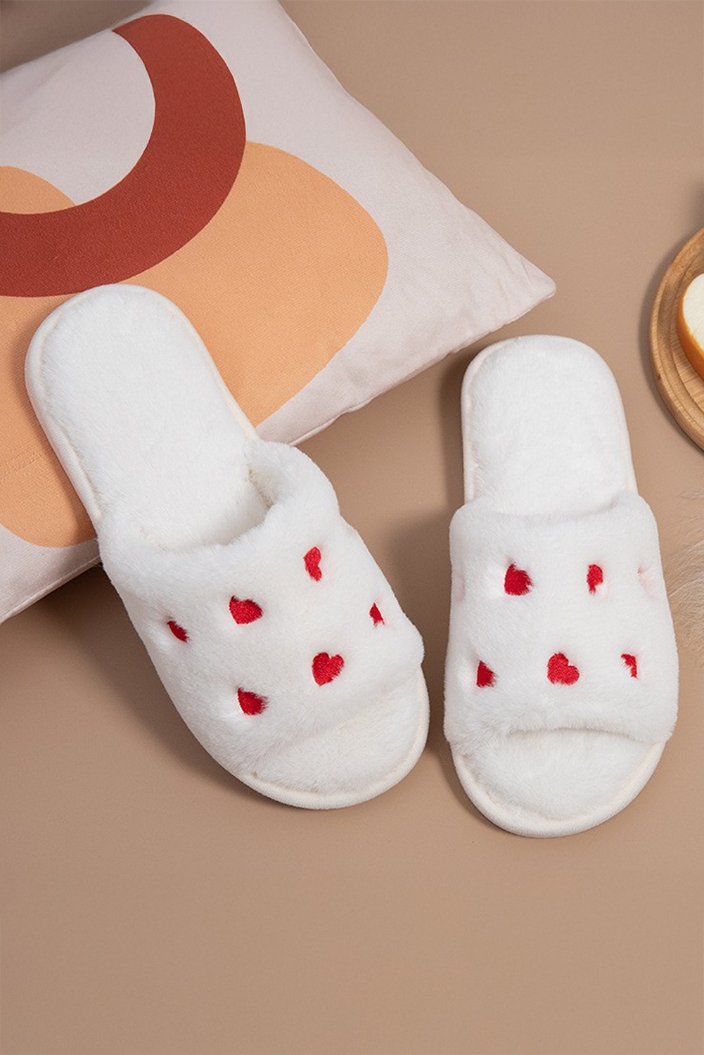 White Valentines Heart Embroidered Fuzzy Winter House Slippers Slippers JT's Designer Fashion