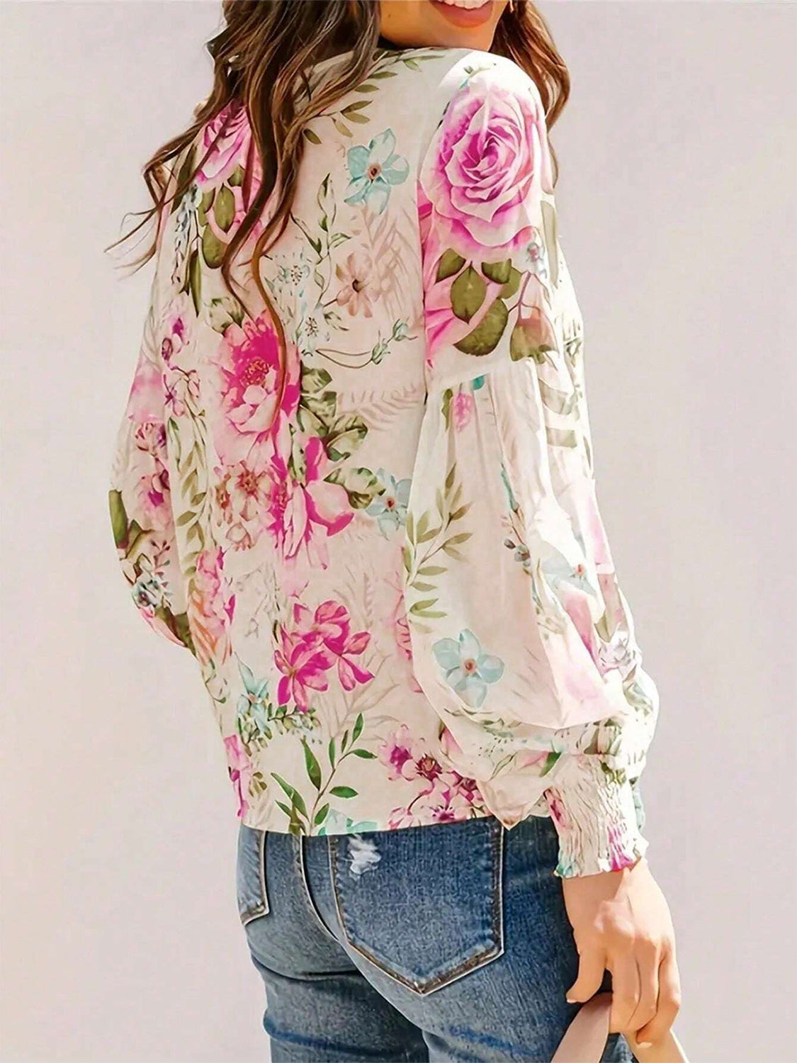 Printed Round Neck Lantern Sleeve Blouse Long Sleeve Tops JT's Designer Fashion