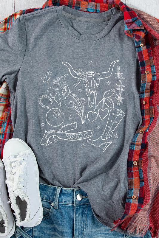 Gray Cowgirl Boots OX Head Western Fashion Print Crewneck Tee Graphic Tees JT's Designer Fashion