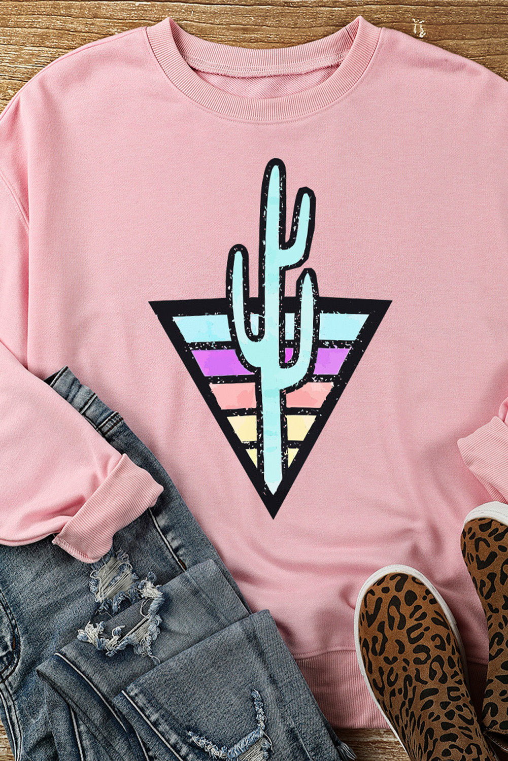 Pink Western Cactus Color Block Pullover Sweatshirt Graphic Sweatshirts JT's Designer Fashion