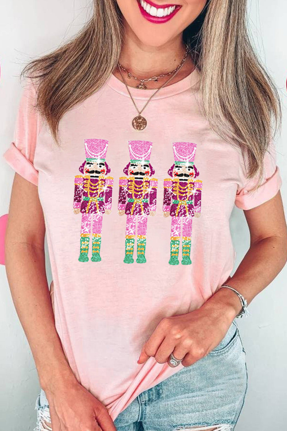 Pink Sequin Nutcracker Graphic Casual T-shirt Graphic Tees JT's Designer Fashion