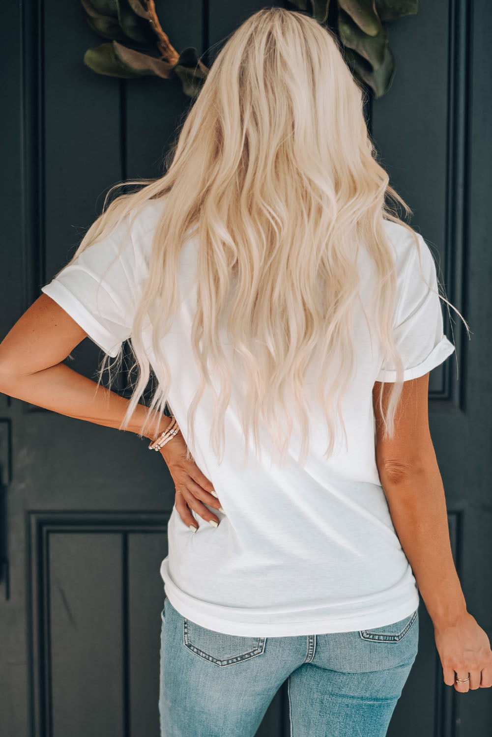 White Sequin Bow Strawberry Graphic Crew Neck T Shirt Graphic Tees JT's Designer Fashion