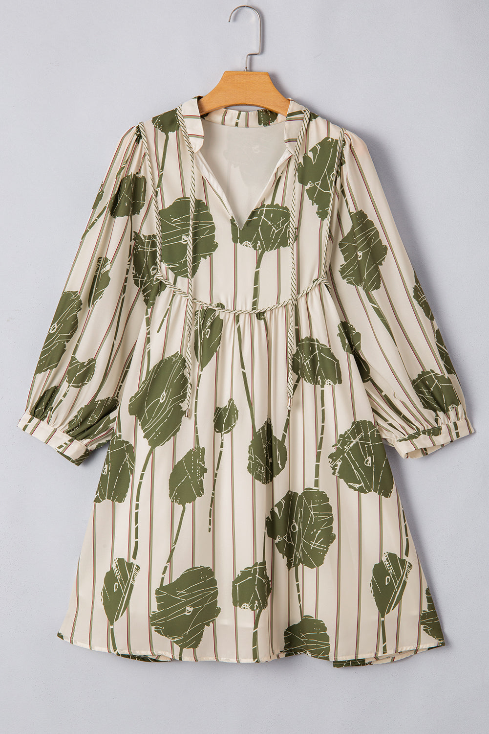 Guacamole Green Floral Striped Print Contrast Piping Puff Sleeve Dress Floral Dresses JT's Designer Fashion