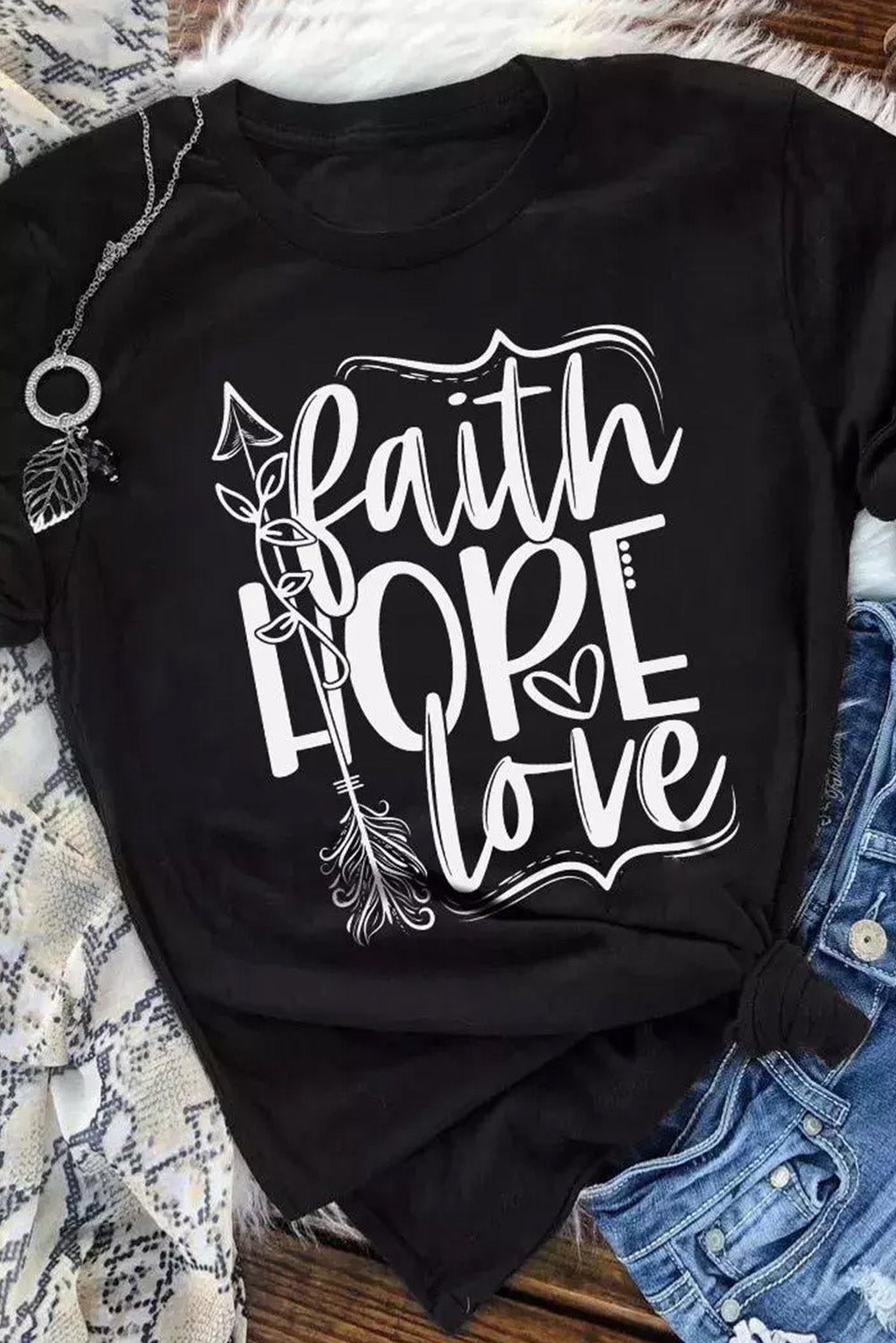 Black Faith Hope Love Graphic T Shirt Black 95%Polyester+5%Elastane Graphic Tees JT's Designer Fashion