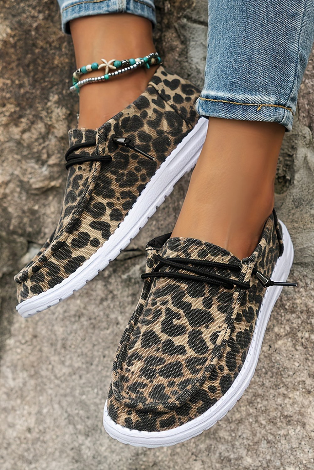 Coffee Lace-up Decor Leopard Canvas Shoes Women's Shoes JT's Designer Fashion