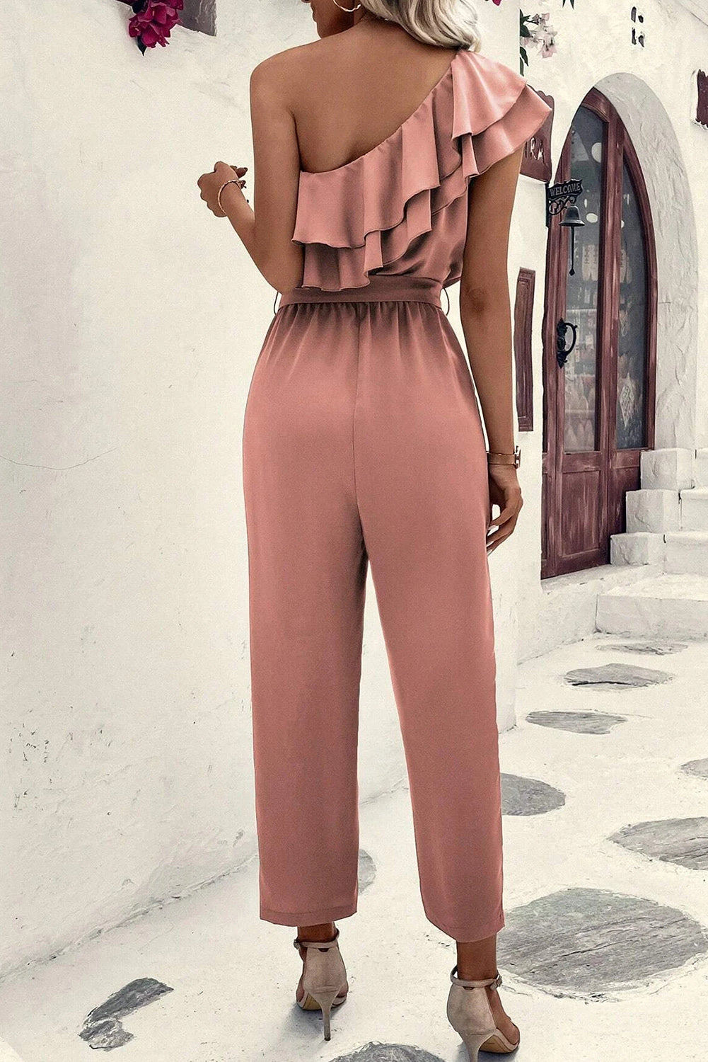 Dusty Pink One Shoulder Ruffle Trim Belted Jumpsuit Bottoms JT's Designer Fashion