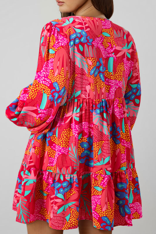 Rose Tropical Printed Lantern Sleeve V Neck Ruffled Plus Size Mini Dress Plus Size Mini Dresses JT's Designer Fashion