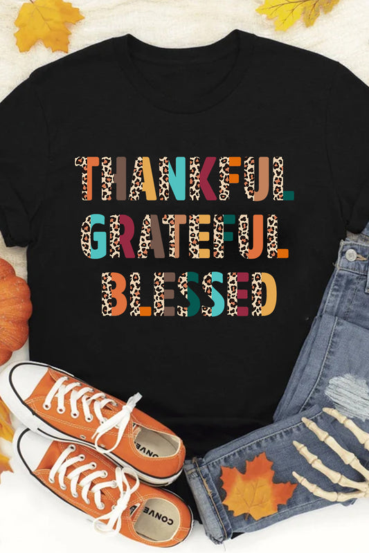 Black Thankful Grateful Blessed Leopard Print Crewneck T Shirt Graphic Tees JT's Designer Fashion