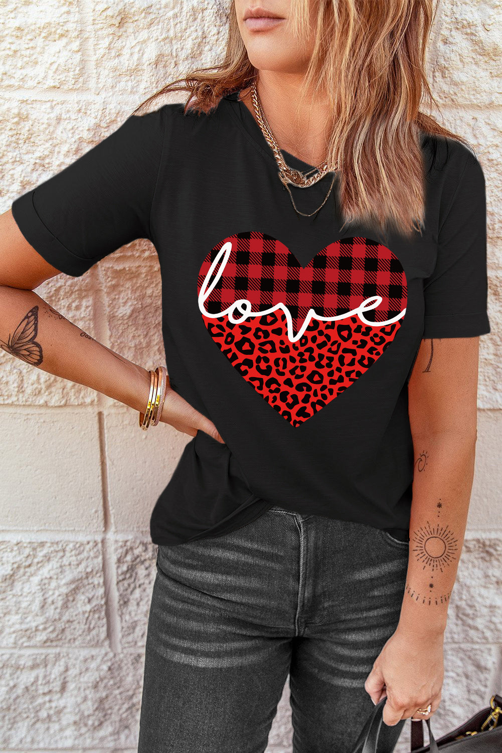 Black Love Leopard Plaid Heart Shaped Crewneck T Shirt Graphic Tees JT's Designer Fashion