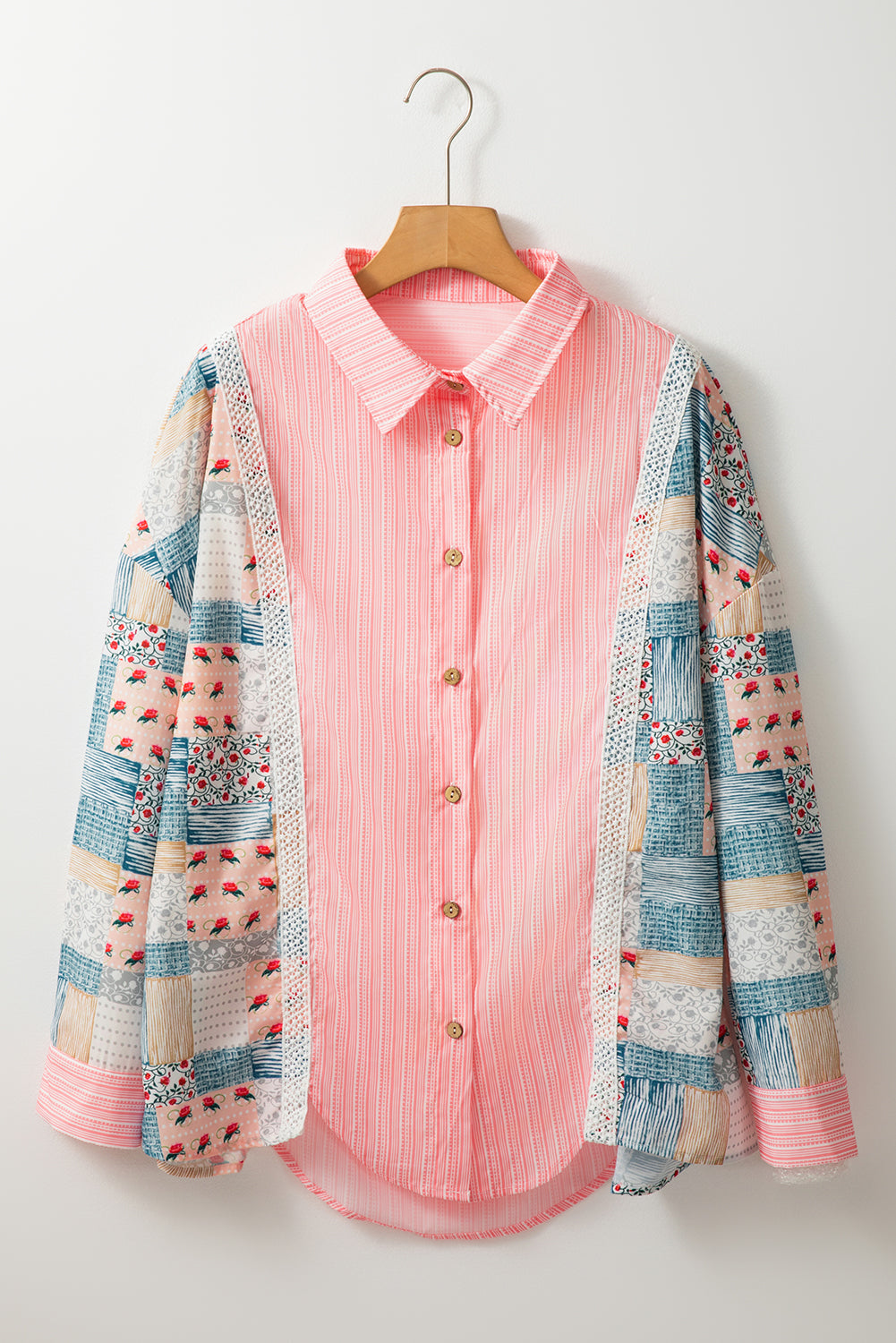 Pink Stripe Floral Patchwork Tunic Loose Fit Shirt Blouses & Shirts JT's Designer Fashion