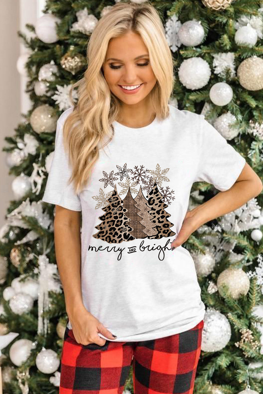 White Leopard Christmas Tree Graphic Crew Neck T Shirt Graphic Tees JT's Designer Fashion