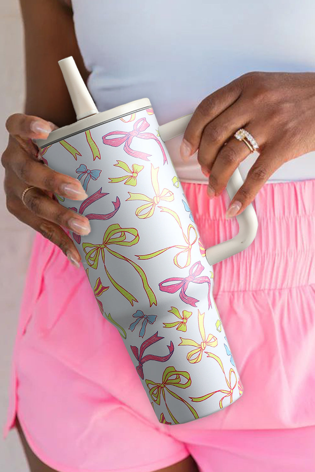 White Bow Knot Print Handle Straw Insulate Tumbler 40oz Tumblers JT's Designer Fashion