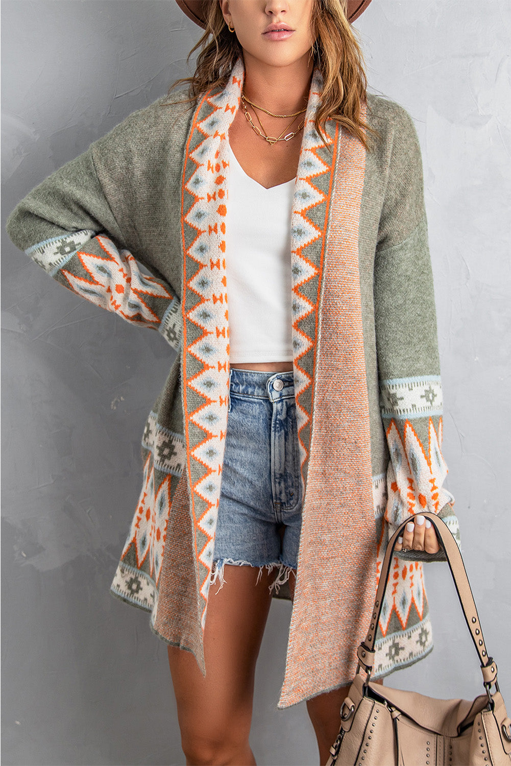 Green Aztec Print Open Front Knitted Cardigan Sweaters & Cardigans JT's Designer Fashion