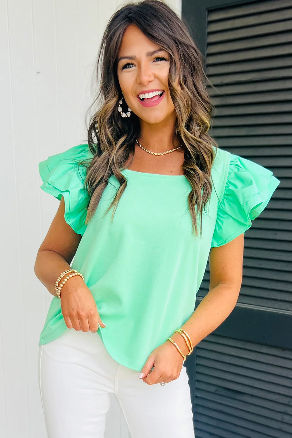 Mint Green Ruffled Patchwork Flutter Sleeve Square Neck Top Tops & Tees JT's Designer Fashion