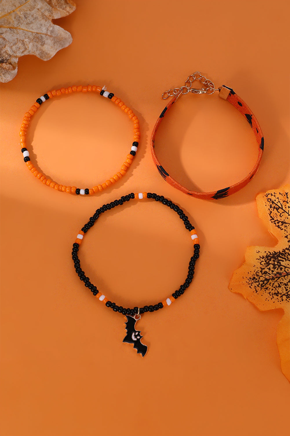 Russet Orange Halloween Bat Pendant Beaded Multi Layer Bracelet Set Jewelry JT's Designer Fashion