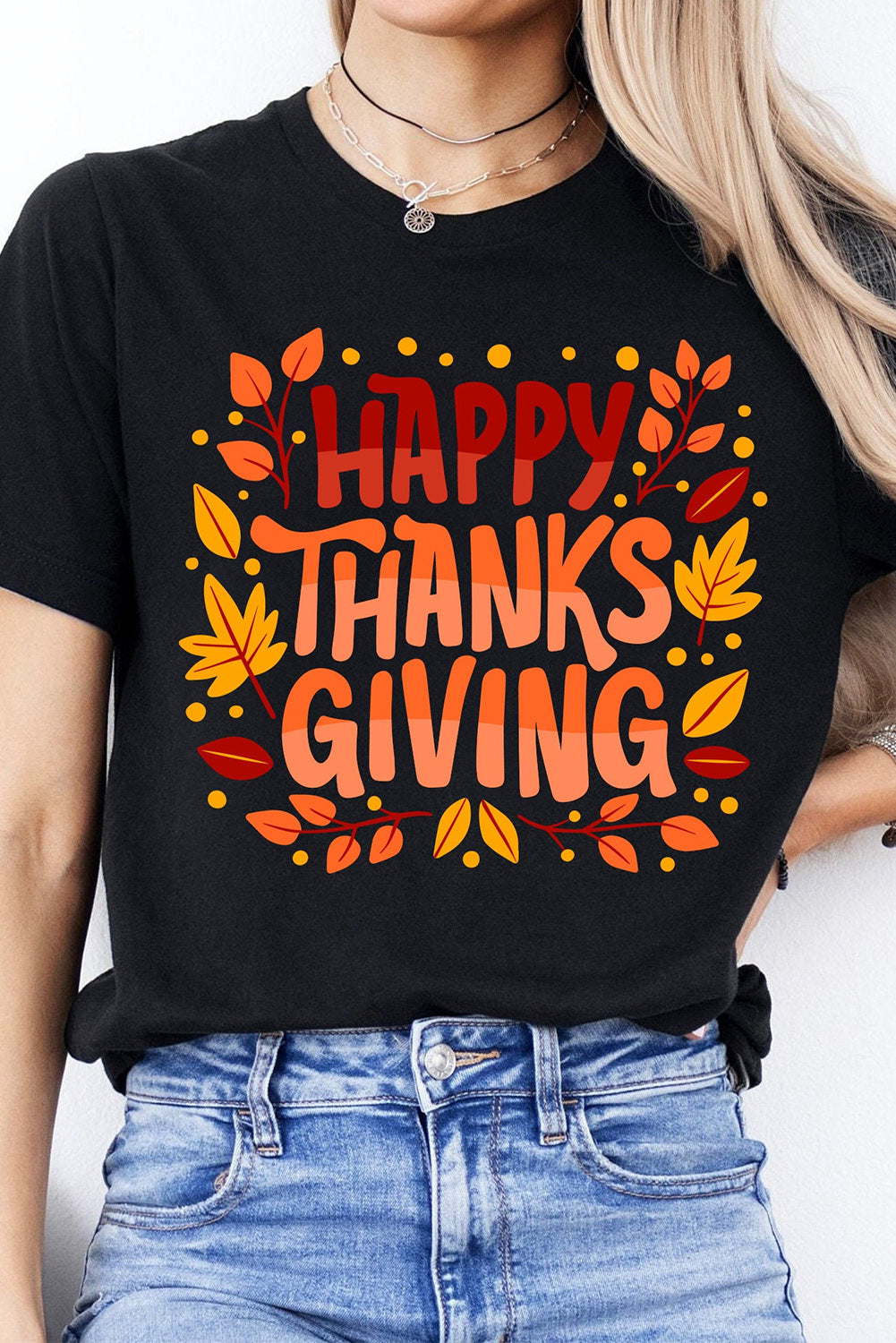 Black Happy Thanksgiving Leaves Print Crew Neck T Shirt Graphic Tees JT's Designer Fashion