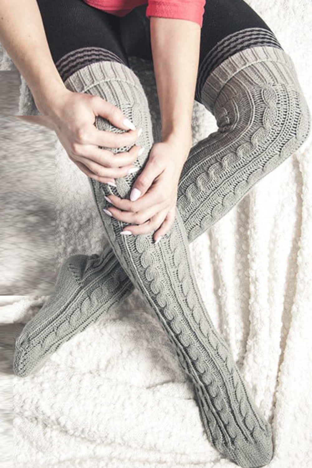 Medium Grey Cable Knit Thigh High Socks Socks JT's Designer Fashion