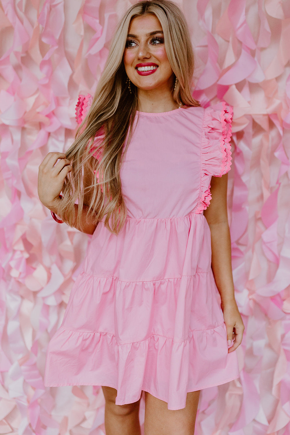 Pink Scalloped Flutter Sleeve Tiered Ruffled Mini Dress Dresses JT's Designer Fashion