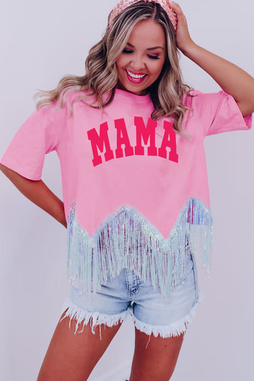 Pink MAMA Letter Print Sequined Tassel Hem T-shirt Graphic Tees JT's Designer Fashion