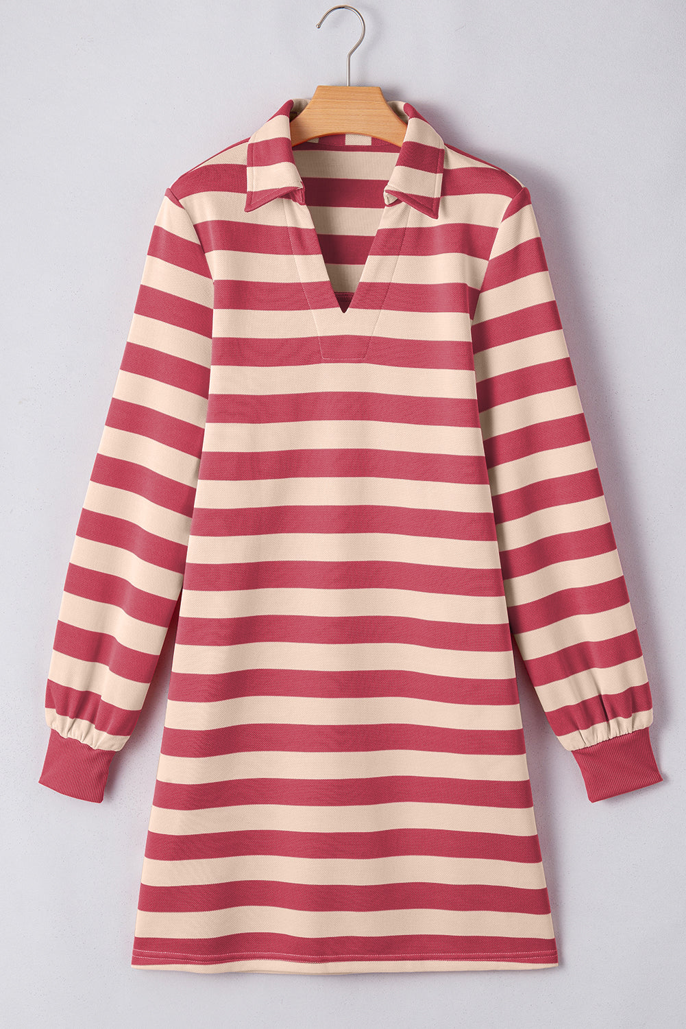 Pink Stripe Collared V Neck Long Sleeve Loose Casual Dress Mini Dresses JT's Designer Fashion