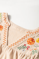 Jet Stream Linen Embroidery Split Neck Pom Pom Ruffle Sleeves Flowy Short Dress Mini Dresses JT's Designer Fashion