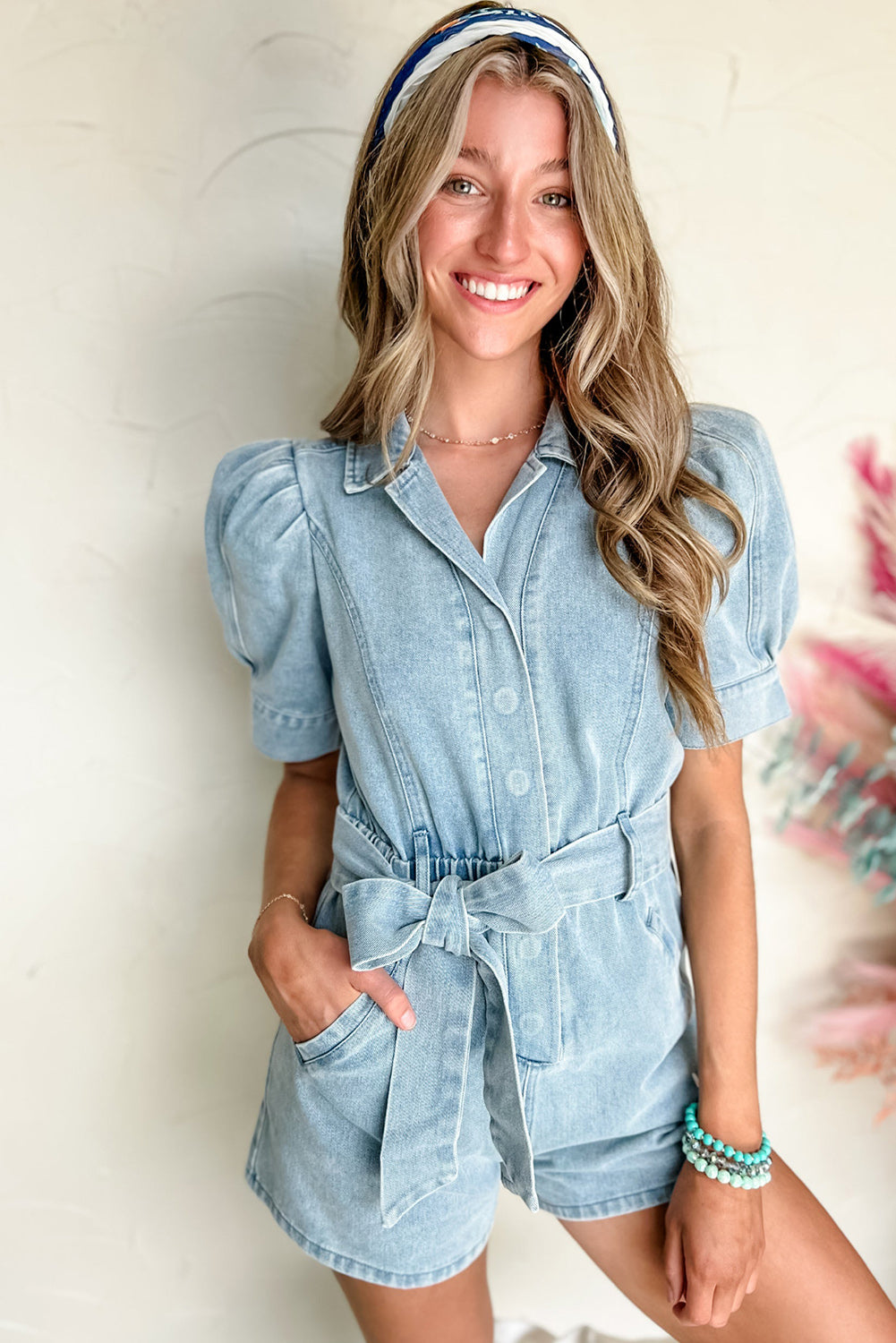 Beau Blue Vintage Washed Puff Sleeve Sashed Denim Romper Pre Order Bottoms JT's Designer Fashion