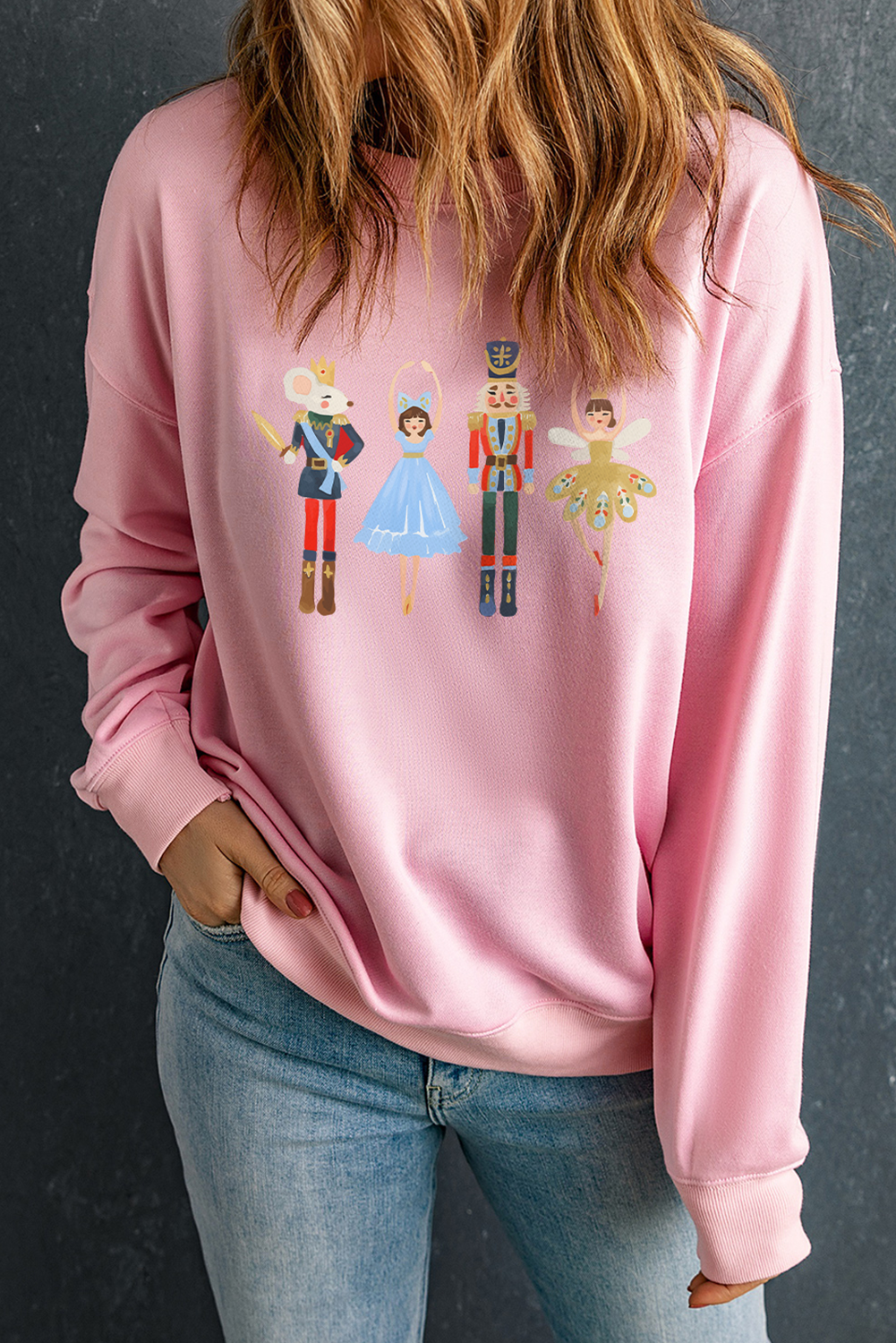 Pink Christmas Nutcracker Fairy Printed Pullover Sweatshirt Graphic Sweatshirts JT's Designer Fashion