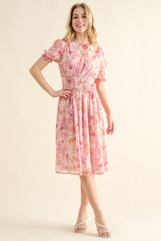 And The Why Full Size Smocked Waist Printed Midi Dress Pink Multi Midi Dresses JT's Designer Fashion